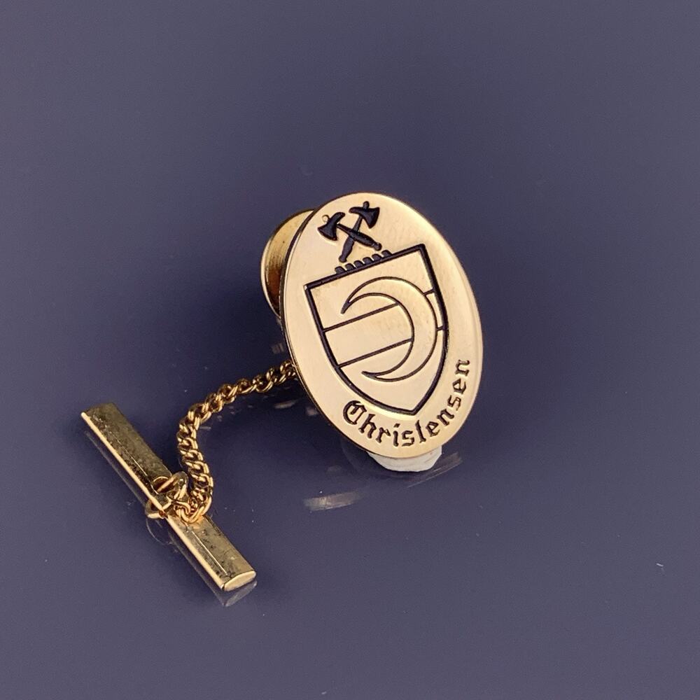 Christensen Family Crest Tie Pin Gold Tone Axes Moon Military Oval Vintage
